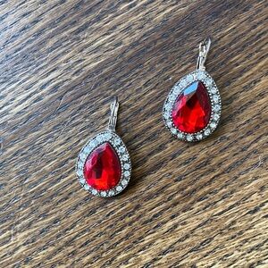 Elegant Red and White Rhinestone Teardrop Earrings